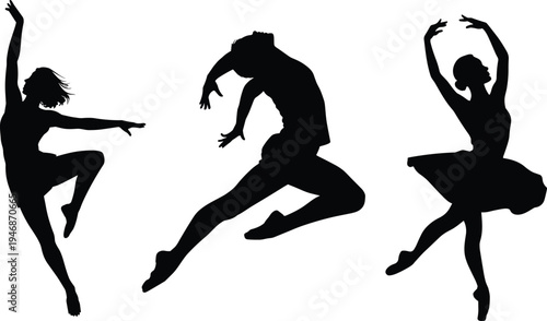 Black silhouettes of graceful ballet and contemporary dancers performing expressive jumps and elegant poses isolated on white background