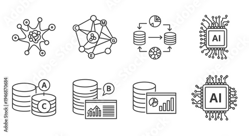 Collection of line icons depicting concepts related to artificial intelligence, data processing, neural networks, and database management.