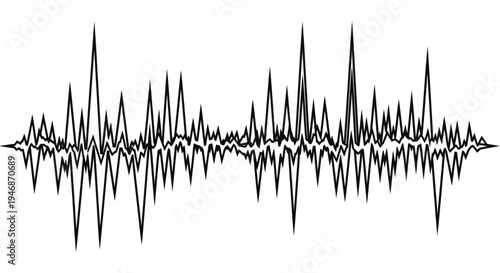Abstract black and white sound wave pattern showing audio frequency fluctuations.