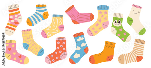 Cartoon socks vector set, featuring cotton wool socks with decorative patterns, unisex seasonal footwear for home, outfit details, and leg accessories in playful vector illustrations.