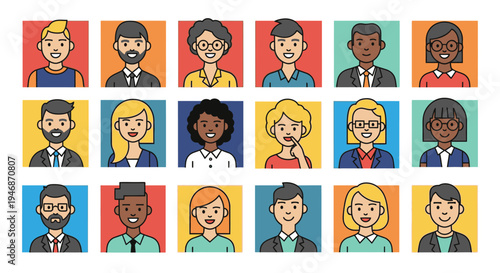 A grid of diverse cartoon avatars representing various people with different appearances and backgrounds in a flat design style.