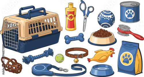 Pet Care Accessories Cartoon Set with Dog Carrier Food Bowl Leash Collar Toy Bone Grooming Brush and Pet Supplies Vector Illustration