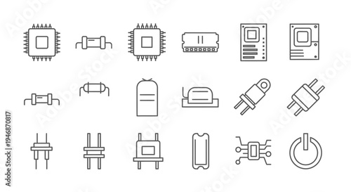 Line art icons depicting a variety of electronic components, computer parts, and electrical devices for technology and engineering applications.