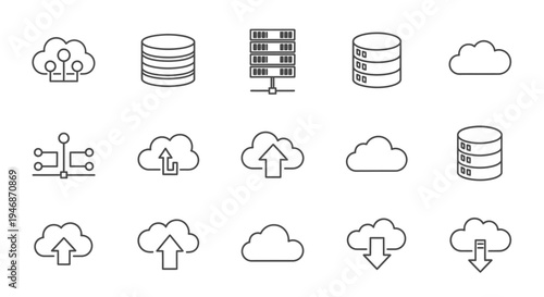 Set of line icons depicting cloud computing, data storage, servers, and data transfer operations like upload and download, representing modern digital infrastructure.