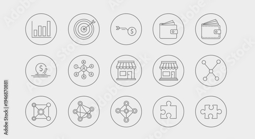 Collection of business, marketing, and analytics outline icons on a solid light grey background, representing strategy and growth.