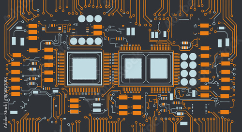 Close-up view of an intricate dark circuit board with multiple electronic components and microchips, illustrating advanced technology and computing hardware.