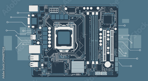 Detailed illustration of a computer motherboard with various components and intricate circuitry design.