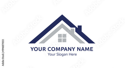 Modern blue and gray house roof logo design with placeholder text for company name and slogan, ideal for real estate or construction businesses.