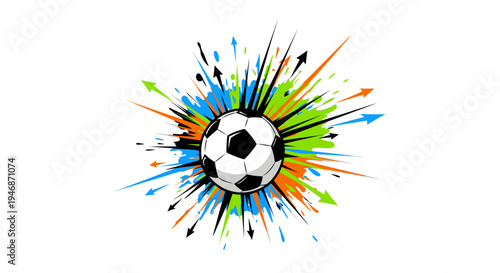 A dynamic illustration of a soccer ball with colorful paint splatters and arrows exploding outwards, symbolizing energy and movement in sports.