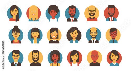 Collection of diverse flat design round avatars for male and female users, depicting different ages and ethnicities, suitable for social media or user profiles, isolated white background.