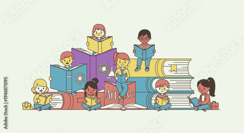 An illustration depicting a diverse group of children happily reading books, some sitting on a large stack of books, promoting literacy and education.