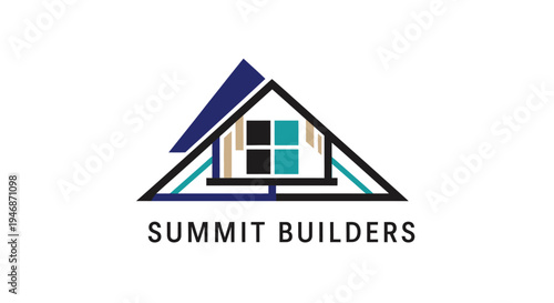 Modern company logo for "Summit Builders" featuring a stylized house roof with windows, symbolizing construction and real estate, in blue and black colors, isolated white background.