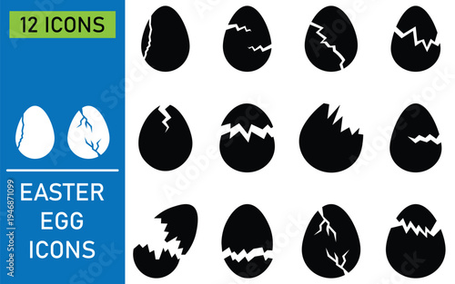 Collection of ester egg icon broken set. Black line shapes of broken eggs. Broken and cracked ester eggs shell icon set. Set of broken eggs icon. Vector illustration.