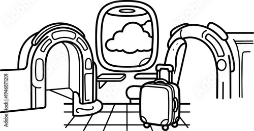 Black and white line art of airplane cabin interior with suitcase near window showing clouds outside in minimalist vector style