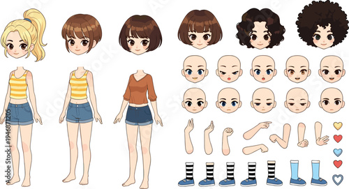 Female Character Creator Cartoon Set with Different Hairstyles Faces Eyes Arms and Legs Customizable Girl Avatar Vector Illustration Kit