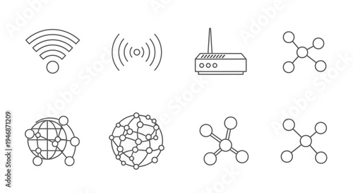 Collection of Outline Icons Representing Wi-Fi Wireless Network and Internet Connectivity on Isolated White Background