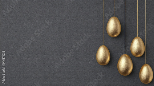 An Easter card.A garland of golden Easter eggs on a gray background.