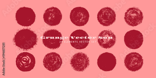 Rough grunge brush red sun isolated vector shapes set. Hand drawn stamp symbol of summer, spring or Japan. Wine circle watercolour badge