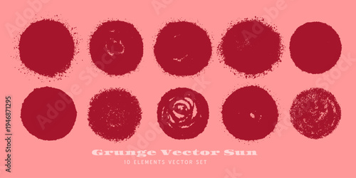Rough grunge brush red sun isolated vector shapes set. Hand drawn stamp symbol of summer, spring or Japan. Wine circle watercolour badge