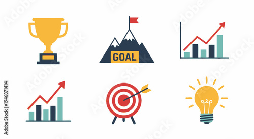 Business Success and Goal Achievement Flat Icons Set with Trophy, Target, and Growth Charts on Isolated White Background