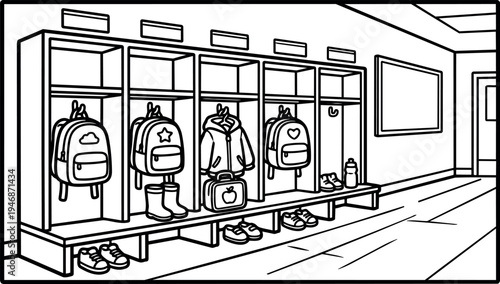 Black and white line art showing school cubbies with backpacks shoes lunchbox jacket and water bottle in hallway setting