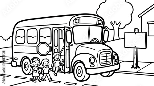 Black and white line art children walking and boarding yellow school bus on street with stop sign tree and house in background