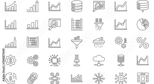 Comprehensive Business Finance Data and Technology Line Icons Set on Isolated White Background
