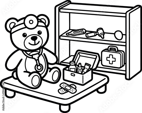 Black and white line art vector of teddy bear doctor with stethoscope sitting on table with medical kit and shelf full of doctor tools