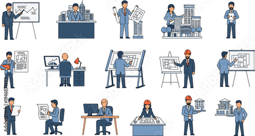 Professional Engineers and Architects Cartoon Set with Construction Planning Blueprint Design Office Work and Technical Drawing Vector Illustration
