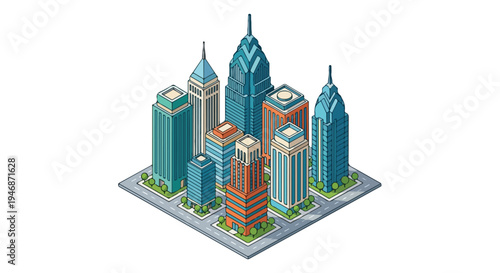 Isometric 3D illustration of a cityscape with modern skyscrapers in blue and orange hues on a gray base against a white background.