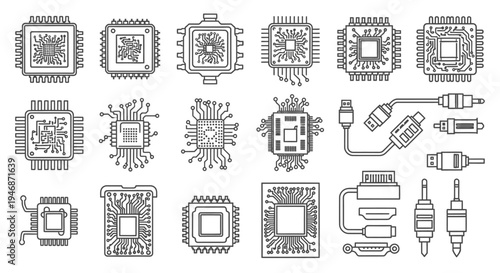 Set of Computer Processor Chips and Electronic Connector Line Icons on Isolated White Background, Hardware Technology