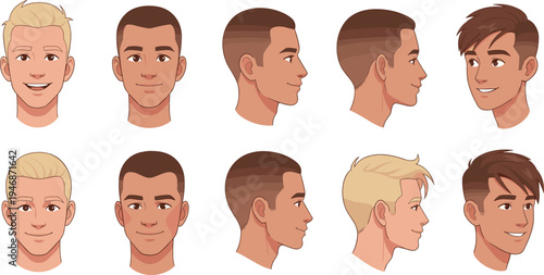 Male Hairstyles and Face Angles Cartoon Set with Different Men Haircuts Front and Side View Character Head Vector Illustration