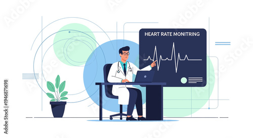 Doctor monitoring heart rate on screen with EKG, laptop, and plant