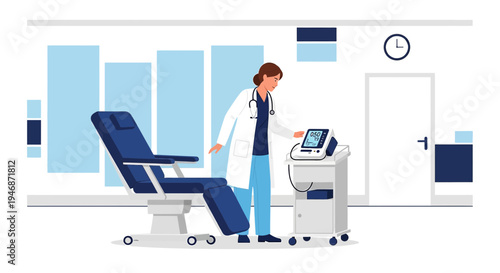 Doctor operating medical equipment in clinic room with examination chair