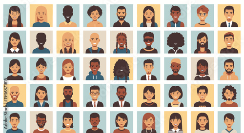 Diverse Group of Smiling People Avatars or User Profile Icons on Isolated White Background, Global Community Concept