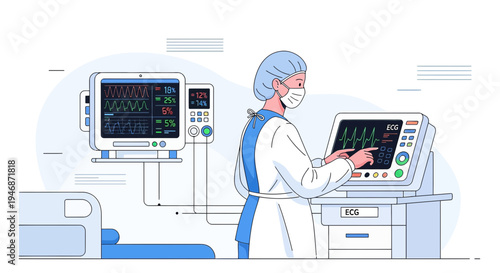 Doctor operating medical equipment in hospital, monitoring patient vital signs on ECG machine