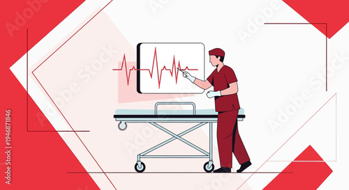 Doctor points to EKG on screen next to hospital bed, medical technology concept