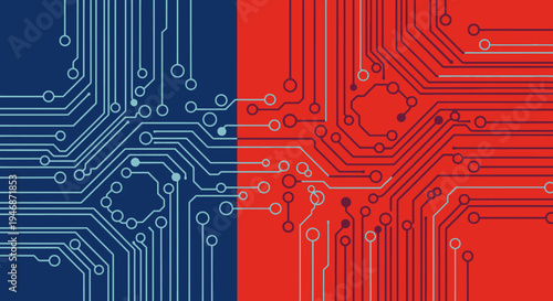Contrasting Blue and Red Abstract Circuit Board Pattern Background, Digital Technology Concept