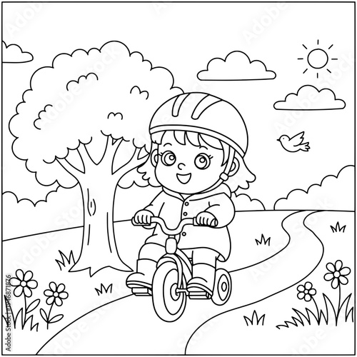 line art drawing of a cute little girl riding a scooter