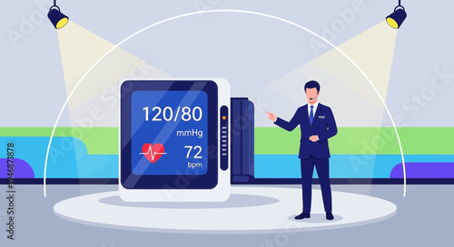 Doctor presenting blood pressure monitor with heart rate display, medical technology concept