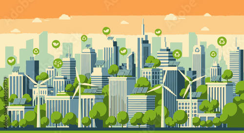 Eco-Friendly Green City Landscape with Sustainable Buildings, Wind Turbines, and Solar Panels