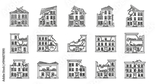 Collection of Damaged Buildings in Black and White Sketch Style.