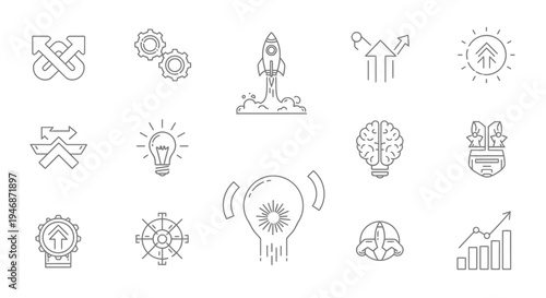 Collection of Innovation, Business, and Technology Line Icons on Isolated White Background