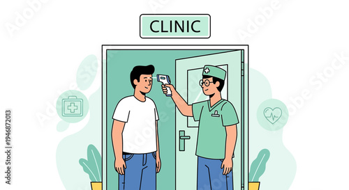 Doctor measures patient's temperature at clinic entrance for health screening