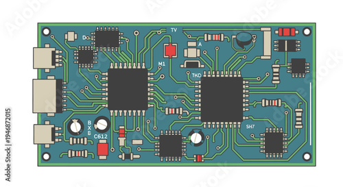 Detailed Blue-Green Electronic Circuit Board with Multiple Microchips and Components, Top View