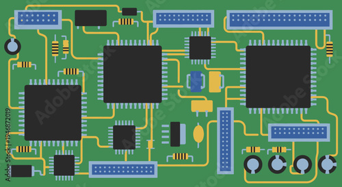 Detailed Green Electronic Circuit Board with Multiple Microchips and Components, Top View