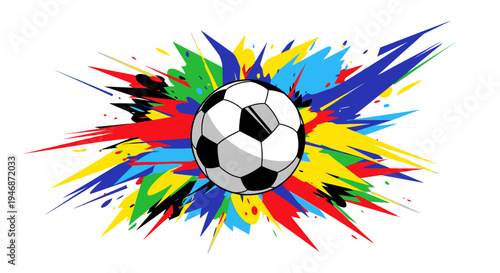 Energetic Soccer Football Ball Exploding with Vibrant Colorful Paint Splashes on Isolated White Background