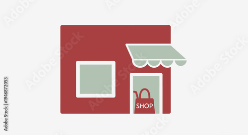 Small Shop Store Facade with Awning and Shopping Bag Icon on Isolated White Background