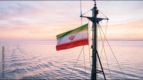 Flag Iranian waving on ship mast over calm sea at sunset with colorful sky featuring green, white, red with symbol and Iran elements for national,