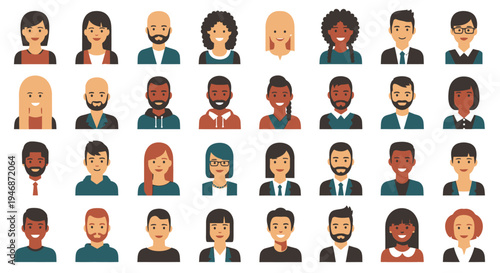 Diverse Collection of People User Avatars with Different Hair and Skin Tones on a Light Grey Background